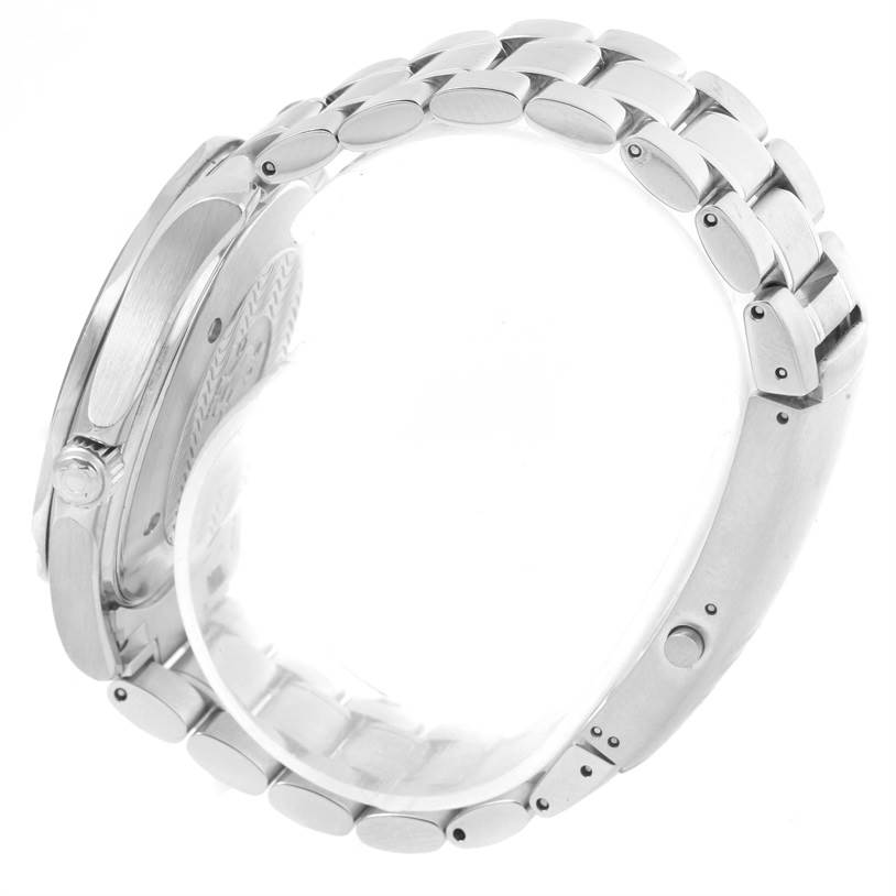 The Omega Seamaster 2264.50.00 Men
s Stainless Steel Black Dial 2264.50.00 Men
s Stainless Steel Black Dial watch is shown from a side angle, focusing on the metal bracelet and the side of the case.