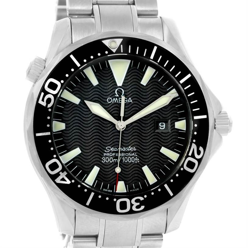 The image shows a front view of the Omega Seamaster 2264.50.00 Men
s Stainless Steel Black Dial 2264.50.00 Men
s Stainless Steel Black Dial watch, highlighting the dial, bezel, markers, hands, and part of the bracelet.
