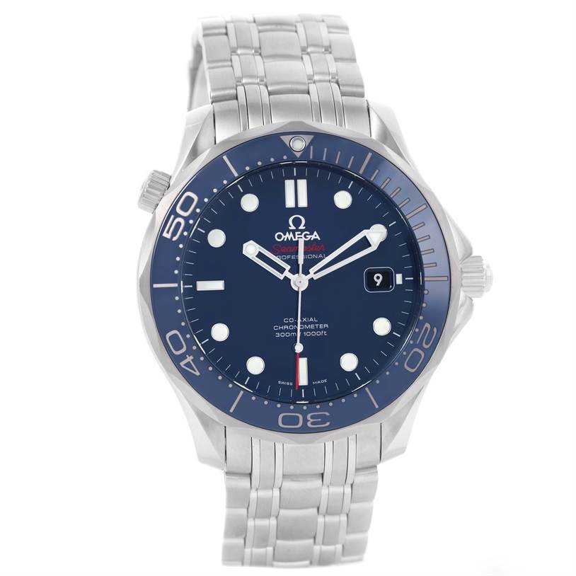 This image shows a front view of an Omega Seamaster 212.30.41.20.03.001 Men
s Stainless Steel Blue Dial 212.30.41.20.03.001 Men
s Stainless Steel Blue Dial watch, displaying its dial, bezel, and metal bracelet.