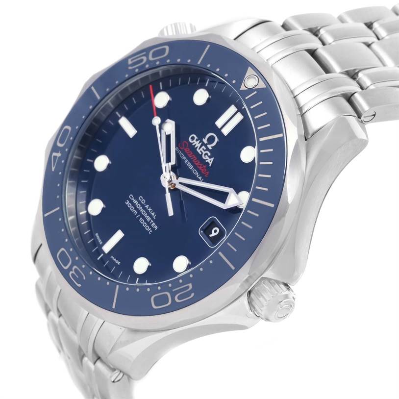 This Omega Seamaster 212.30.41.20.03.001 Men
s Stainless Steel Blue Dial 212.30.41.20.03.001 Men
s Stainless Steel Blue Dial watch is shown at a three-quarter angle, displaying the face, bezel, case, crown, and bracelet.