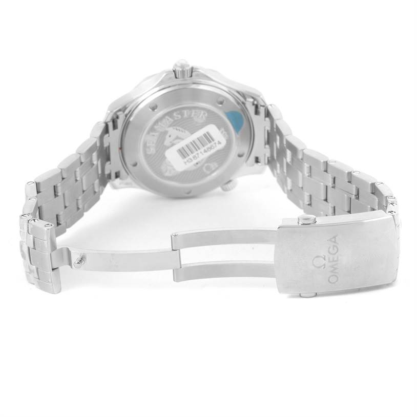 The image shows the back case, clasp, and metal bracelet of an Omega Seamaster 212.30.41.20.03.001 Men
s Stainless Steel Blue Dial 212.30.41.20.03.001 Men
s Stainless Steel Blue Dial watch.