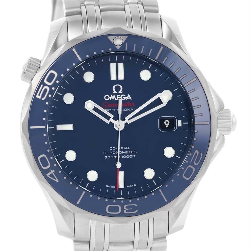The image shows a front view of the Omega Seamaster 212.30.41.20.03.001 Men
s Stainless Steel Blue Dial 212.30.41.20.03.001 Men
s Stainless Steel Blue Dial watch, featuring its dial, bezel, and part of the bracelet.