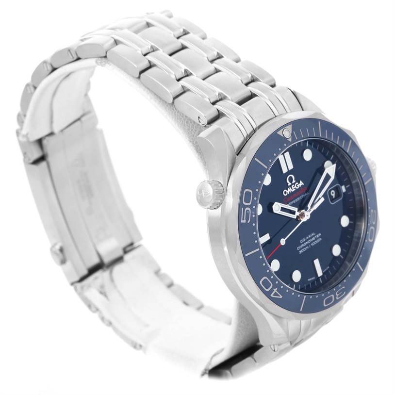 The image shows an angled view of the Omega Seamaster 212.30.41.20.03.001 Men
s Stainless Steel Blue Dial 212.30.41.20.03.001 Men
s Stainless Steel Blue Dial watch, highlighting the face, bezel, crown, and metal bracelet.