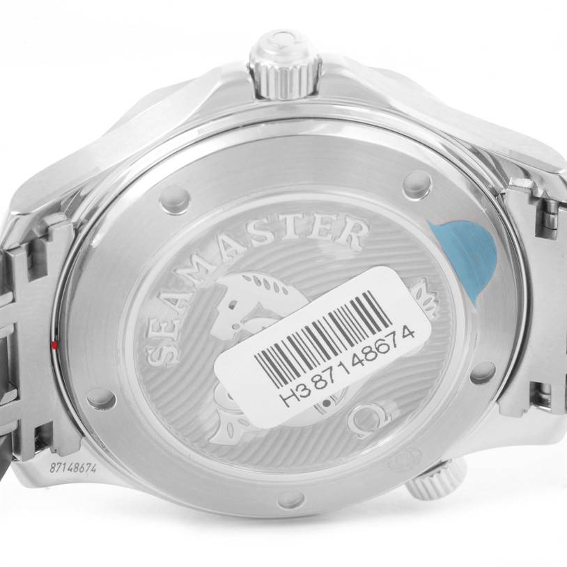 The image shows the case back of an Omega Seamaster 212.30.41.20.03.001 Men
s Stainless Steel Blue Dial 212.30.41.20.03.001 Men
s Stainless Steel Blue Dial watch featuring its engraved design and barcode sticker.