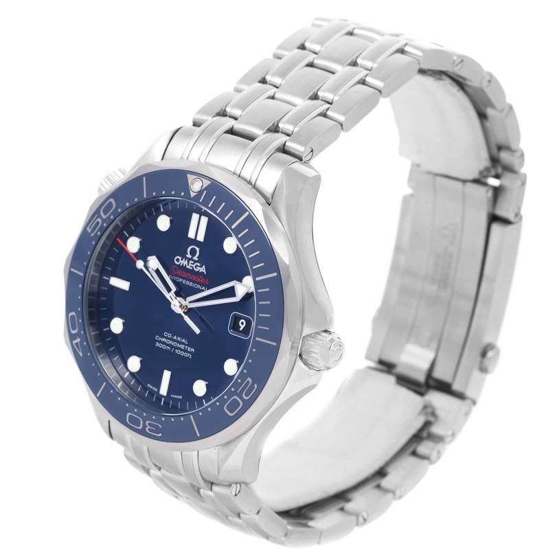 The image shows an angled view of the Omega Seamaster 212.30.41.20.03.001 Men
s Stainless Steel Blue Dial 212.30.41.20.03.001 Men
s Stainless Steel Blue Dial watch displaying its stainless steel bracelet, bezel, and dial details.
