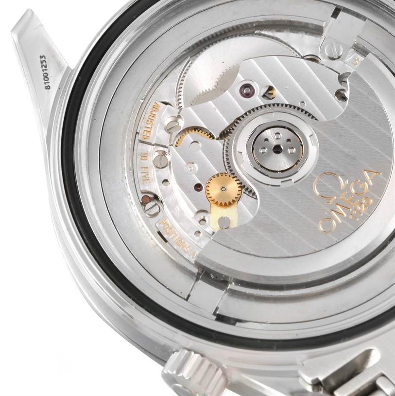 The image shows the intricate movement mechanism of the Omega Seamaster 2531.80.00 Men
s Stainless Steel Blue Dial 2531.80.00 Men
s Stainless Steel Blue Dial watch, viewed from the back case.
