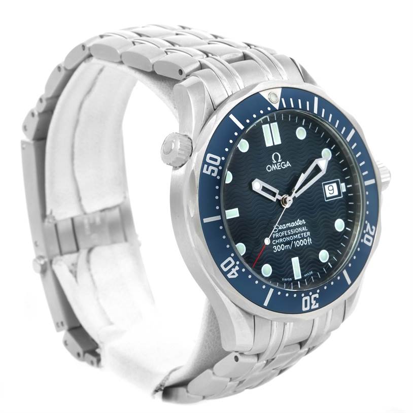 The image shows an Omega Seamaster 2531.80.00 Men
s Stainless Steel Blue Dial 2531.80.00 Men
s Stainless Steel Blue Dial watch at a three-quarter angle, displaying the dial, bezel, crown, and metal bracelet.