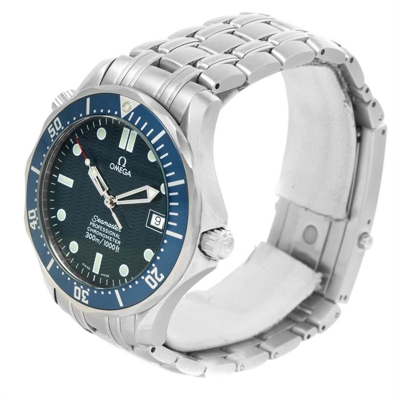 The Omega Seamaster 2531.80.00 Men
s Stainless Steel Blue Dial 2531.80.00 Men
s Stainless Steel Blue Dial watch is shown at a three-quarter angle, displaying the face, bezel, crown, and stainless steel bracelet.