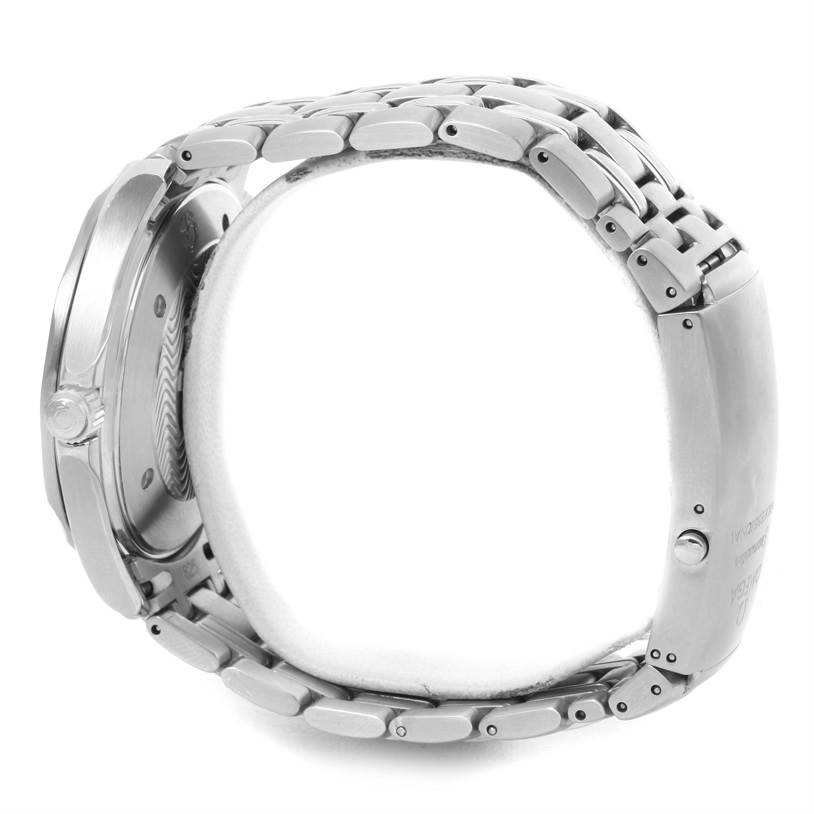 The image shows a side view of an Omega Seamaster 2531.80.00 Men
s Stainless Steel Blue Dial 2531.80.00 Men
s Stainless Steel Blue Dial
s bracelet and case with the crown and clasp visible.