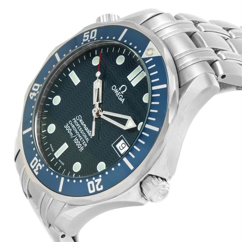 The image shows an angled side view of the Omega Seamaster 2531.80.00 Men
s Stainless Steel Blue Dial 2531.80.00 Men
s Stainless Steel Blue Dial watch, highlighting the dial, bezel, crown, and part of the bracelet.