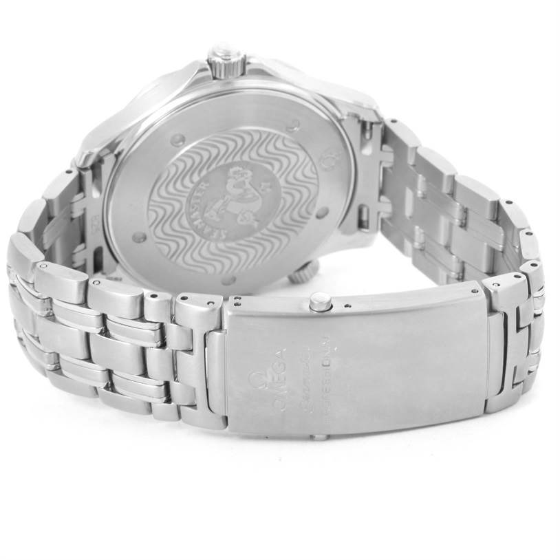 The image shows the back view of the Omega Seamaster 2531.80.00 Men
s Stainless Steel Blue Dial 2531.80.00 Men
s Stainless Steel Blue Dial watch, highlighting its case back and stainless steel bracelet with clasp.