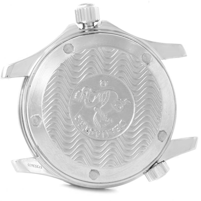 This image shows the back case of an Omega Seamaster 2262.50.00 Men
s Stainless Steel Black Dial 2262.50.00 Men
s Stainless Steel Black Dial watch with its engravings and crown visible.