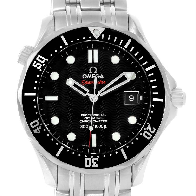 The image shows a front view of an Omega Seamaster 212.30.41.20.01.002 Men
s Stainless Steel Black Dial 212.30.41.20.01.002 Men
s Stainless Steel Black Dial, displaying its black dial, bezel, and a portion of the metal bracelet.