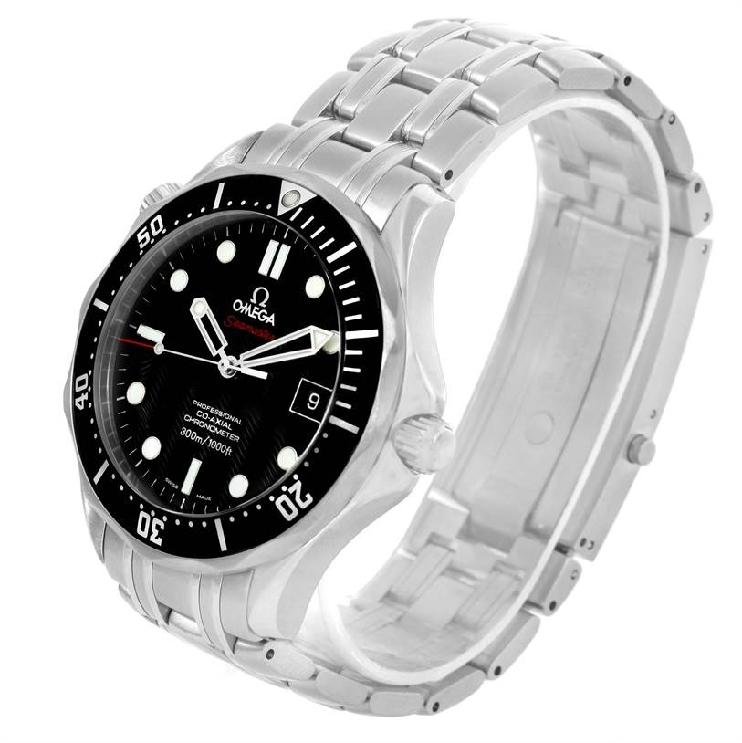 The image shows a side angle of the Omega Seamaster 212.30.41.20.01.002 Men
s Stainless Steel Black Dial 212.30.41.20.01.002 Men
s Stainless Steel Black Dial watch, displaying the bezel, dial, crown, and metal bracelet.