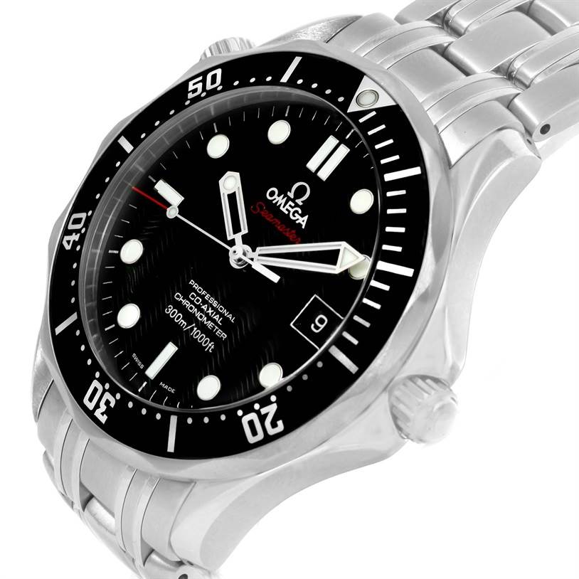 This image shows a close-up angle of the Omega Seamaster 212.30.41.20.01.002 Men
s Stainless Steel Black Dial 212.30.41.20.01.002 Men
s Stainless Steel Black Dial watch, highlighting the bezel, dial, and part of the bracelet.