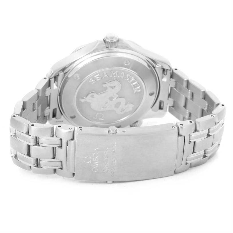 The image shows the back and strap of an Omega Seamaster 212.30.41.20.01.002 Men
s Stainless Steel Black Dial 212.30.41.20.01.002 Men
s Stainless Steel Black Dial watch, highlighting the engraved case back and metal bracelet.