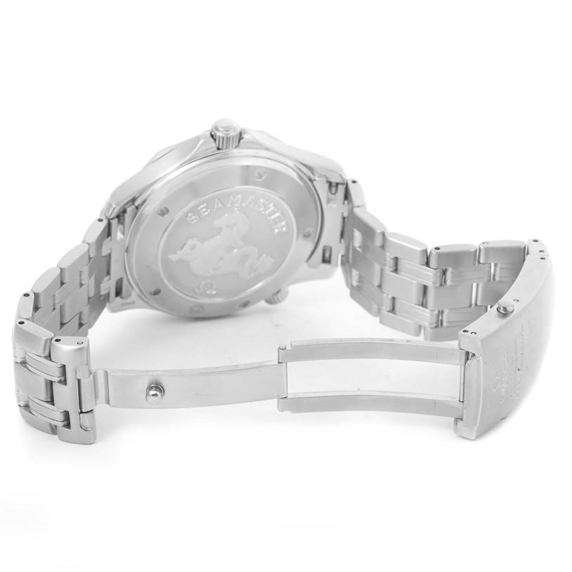 The image shows the backside and bracelet clasp of the Omega Seamaster 212.30.41.20.01.002 Men
s Stainless Steel Black Dial 212.30.41.20.01.002 Men
s Stainless Steel Black Dial watch with an open deployment clasp.