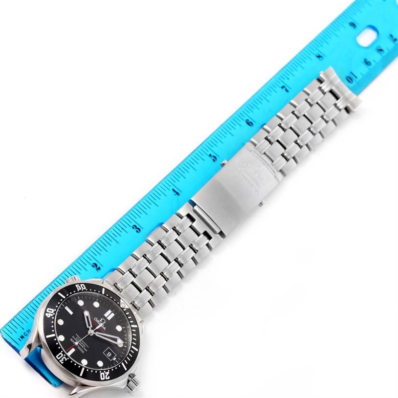 This Omega Seamaster 212.30.41.20.01.002 Men
s Stainless Steel Black Dial 212.30.41.20.01.002 Men
s Stainless Steel Black Dial watch is shown from a top-down angle, including the face, bezel, crown, and stainless steel bracelet.