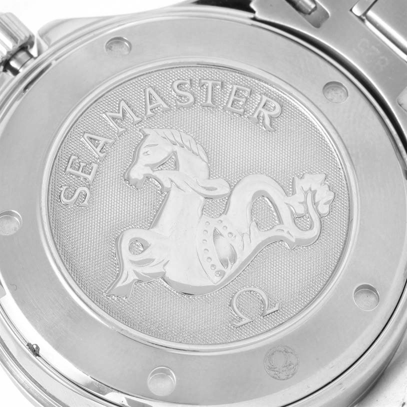 This image shows the case back of an Omega Seamaster 212.30.41.20.01.002 Men
s Stainless Steel Black Dial 212.30.41.20.01.002 Men
s Stainless Steel Black Dial watch, engraved with the Seamaster logo and emblem.