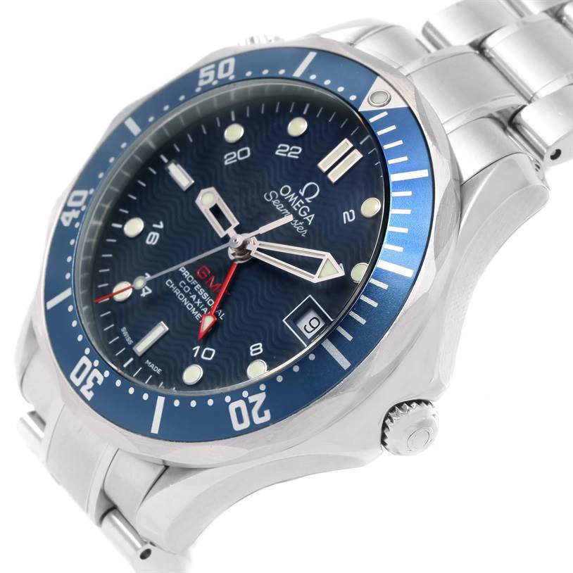 The Omega Seamaster 2535.80.00 Men
s Stainless Steel Blue Dial 2535.80.00 Men
s Stainless Steel Blue Dial watch is shown from an angled side view, highlighting its blue dial, bezel, and part of its metal bracelet.