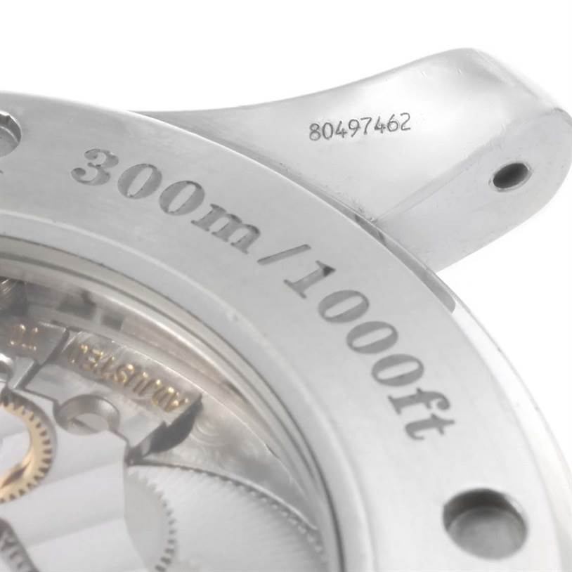 The image shows a close-up of the back of an Omega Seamaster 2535.80.00 Men
s Stainless Steel Blue Dial 2535.80.00 Men
s Stainless Steel Blue Dial watch, including part of the case and its water resistance rating.