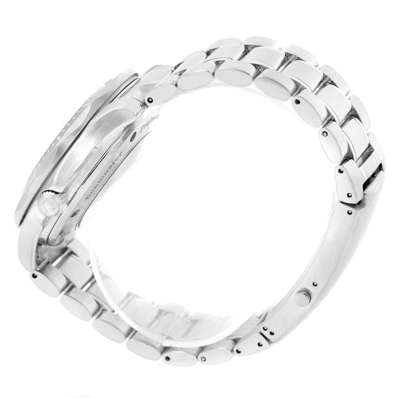 An Omega Seamaster 2535.80.00 Men
s Stainless Steel Blue Dial 2535.80.00 Men
s Stainless Steel Blue Dial watch is shown from a side angle, highlighting the case, crown, and metal bracelet.