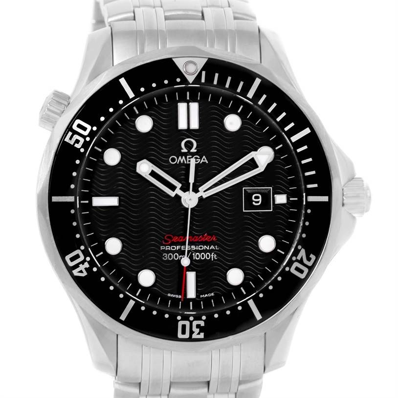 The image shows a front view of the Omega Seamaster 212.30.41.61.01.001 Men
s Stainless Steel Black Dial 212.30.41.61.01.001 Men
s Stainless Steel Black Dial watch, displaying the dial, bezel, and part of the bracelet.