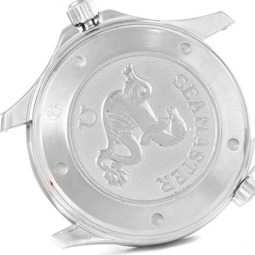 The image shows the case back of an Omega Seamaster 212.30.41.61.01.001 Men
s Stainless Steel Black Dial 212.30.41.61.01.001 Men
s Stainless Steel Black Dial watch, showcasing the engraved logo and branding.