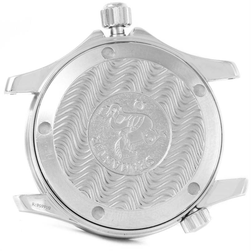 The image shows the back case and crown of an Omega Seamaster 2252.50.00 Men
s Stainless Steel Black Dial 2252.50.00 Men
s Stainless Steel Black Dial watch, viewed from a slightly angled perspective.