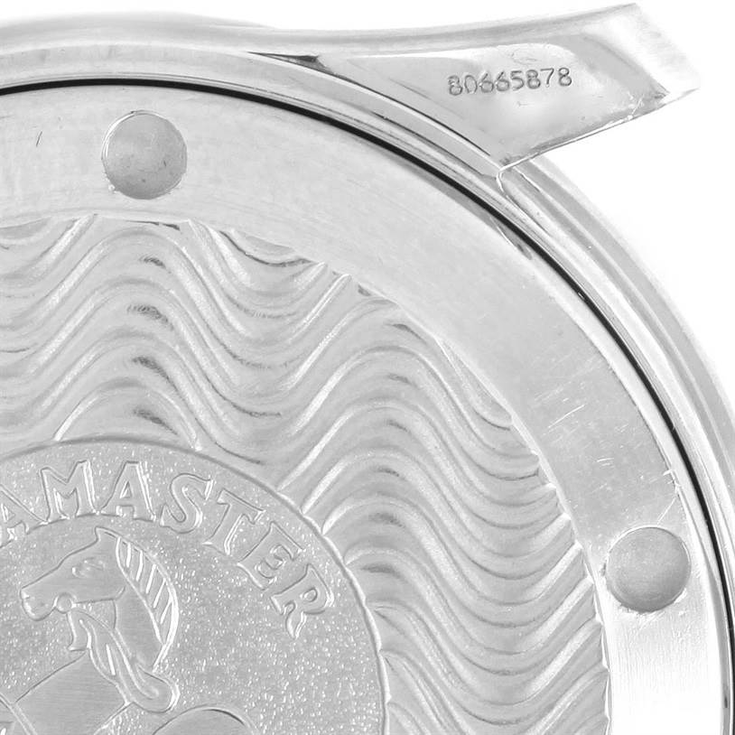 The image shows a close-up of the case back and serial number of the Omega Seamaster 2252.50.00 Men
s Stainless Steel Black Dial 2252.50.00 Men
s Stainless Steel Black Dial watch.