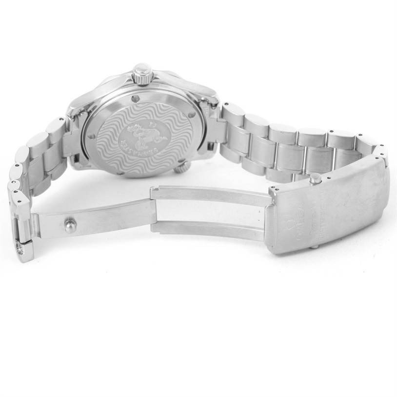 The image shows the back and partially closed metal clasp of an Omega Seamaster 2252.50.00 Men
s Stainless Steel Black Dial 2252.50.00 Men
s Stainless Steel Black Dial watch, focusing on the bracelet and case back.