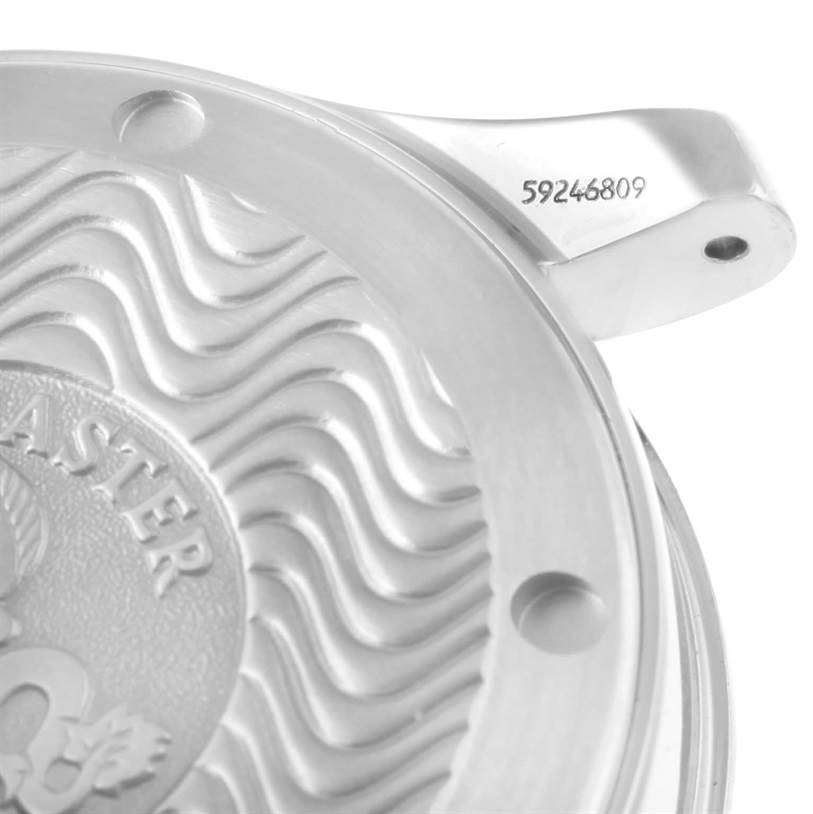 The image shows a close-up of the case back of an Omega Seamaster 2262.50.00 Men
s Stainless Steel Black Dial 2262.50.00 Men
s Stainless Steel Black Dial watch, highlighting the serial number and engraved design.