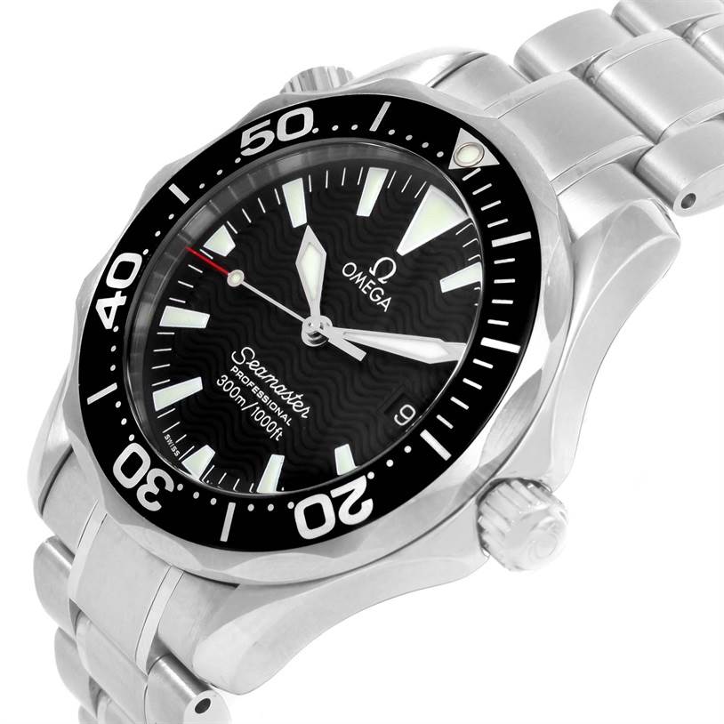 The Omega Seamaster 2262.50.00 Men
s Stainless Steel Black Dial 2262.50.00 Men
s Stainless Steel Black Dial watch is shown at a slight side angle, focusing on the face, bezel, crown, and bracelet.