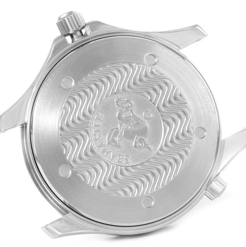 This image shows the case back of an Omega Seamaster 2254.50.00 Men
s Stainless Steel Black Dial 2254.50.00 Men
s Stainless Steel Black Dial watch from a top-down angle.