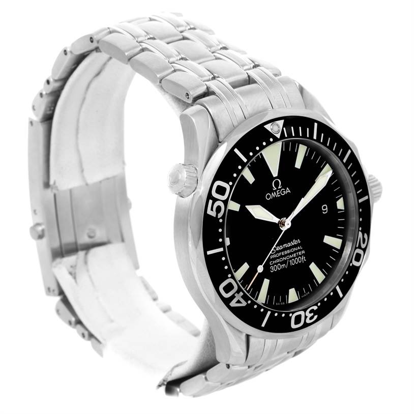 The Omega Seamaster 2254.50.00 Men
s Stainless Steel Black Dial 2254.50.00 Men
s Stainless Steel Black Dial watch is shown at a three-quarter angle, highlighting the face, bezel, and metal bracelet.
