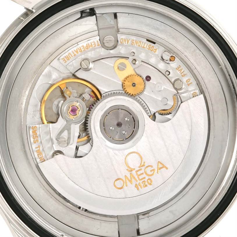 This image shows the intricate inner movement mechanisms of the Omega Seamaster 2254.50.00 Men
s Stainless Steel Black Dial 2254.50.00 Men
s Stainless Steel Black Dial watch, including gears and the rotor.