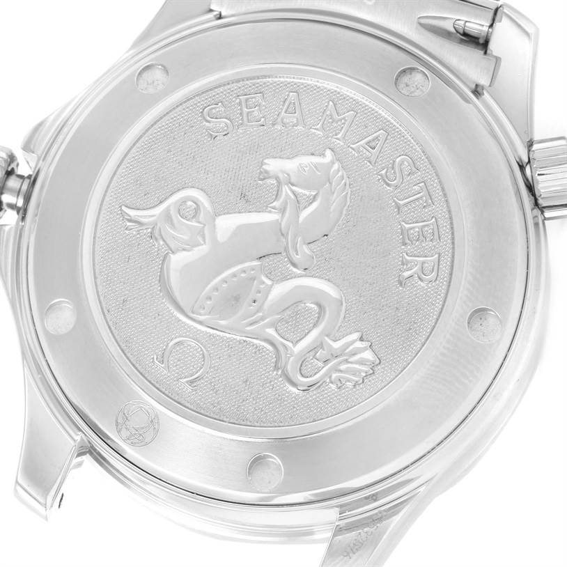 The image shows the case back of an Omega Seamaster 212.30.36.20.01.001 Men
s Stainless Steel Black Dial 212.30.36.20.01.001 Men
s Stainless Steel Black Dial watch, featuring the brand
s name and seahorse logo in relief.