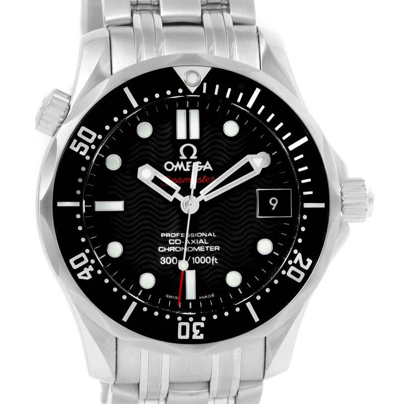 This image shows the front view of an Omega Seamaster 212.30.36.20.01.001 Men
s Stainless Steel Black Dial 212.30.36.20.01.001 Men
s Stainless Steel Black Dial watch, highlighting its dial, bezel, crown, and bracelet.