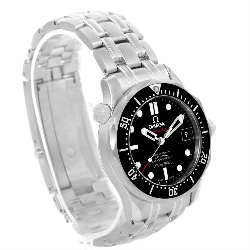 The Omega Seamaster 212.30.36.20.01.001 Men
s Stainless Steel Black Dial 212.30.36.20.01.001 Men
s Stainless Steel Black Dial watch is shown at a three-quarter angle, displaying its face, bezel, and metal bracelet.