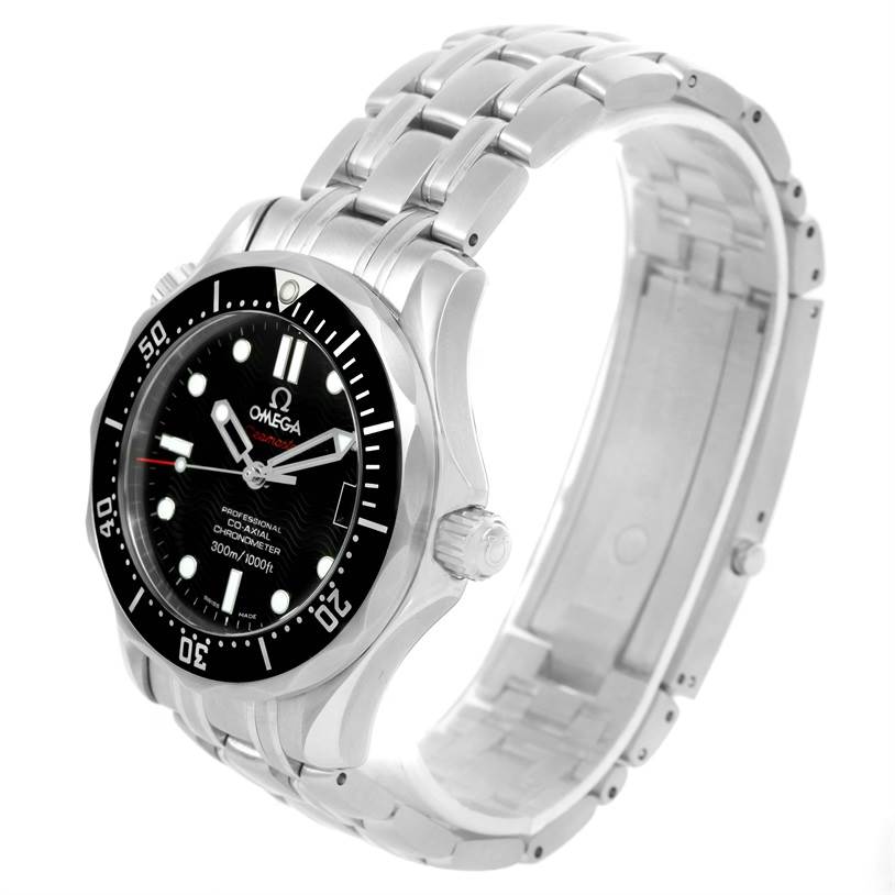 The image shows an Omega Seamaster 212.30.36.20.01.001 Men
s Stainless Steel Black Dial 212.30.36.20.01.001 Men
s Stainless Steel Black Dial watch at a three-quarter angle, highlighting its dial, bezel, crown, and metal bracelet.