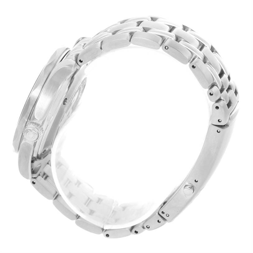 The Omega Seamaster 212.30.36.20.01.001 Men
s Stainless Steel Black Dial 212.30.36.20.01.001 Men
s Stainless Steel Black Dial watch is shown from a side angle, displaying the metal bracelet and the watch case
s profile.