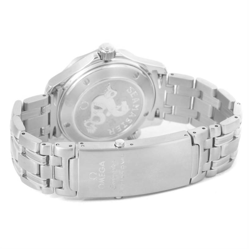 The image shows the back case and metal bracelet of an Omega Seamaster 212.30.36.20.01.001 Men
s Stainless Steel Black Dial 212.30.36.20.01.001 Men
s Stainless Steel Black Dial watch, with emphasis on the clasp and case back features.