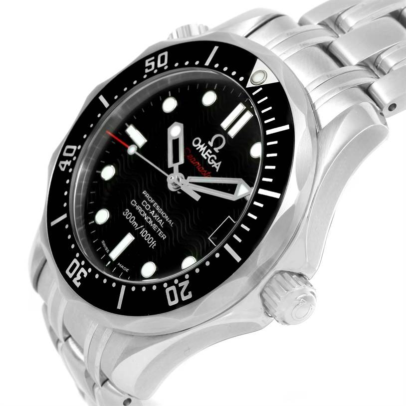 This image shows a close-up, angled view of the Omega Seamaster 212.30.36.20.01.001 Men
s Stainless Steel Black Dial 212.30.36.20.01.001 Men
s Stainless Steel Black Dial watch, highlighting the face, bezel, crown, and bracelet.