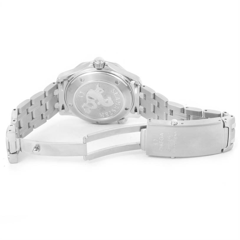 The image shows the back of an Omega Seamaster 212.30.36.20.01.001 Men
s Stainless Steel Black Dial 212.30.36.20.01.001 Men
s Stainless Steel Black Dial watch, highlighting its clasp, bracelet, and case back.