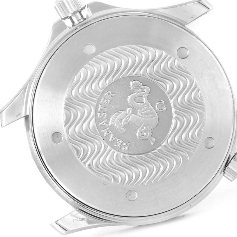 This image shows the back case of an Omega Seamaster 2254.50.00 Men
s Stainless Steel Black Dial 2254.50.00 Men
s Stainless Steel Black Dial watch, highlighting its engraved design and crown.