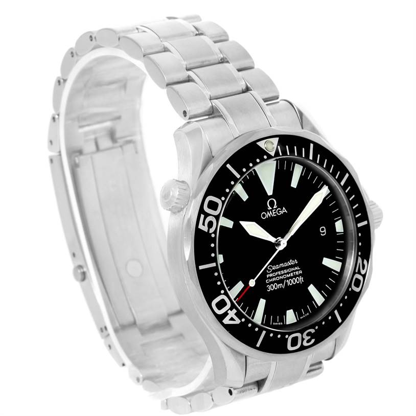 The image shows an angled front view of an Omega Seamaster 2254.50.00 Men
s Stainless Steel Black Dial 2254.50.00 Men
s Stainless Steel Black Dial watch, highlighting the dial, bezel, and stainless steel bracelet.