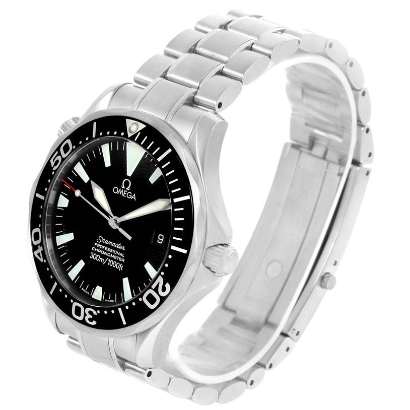 The image shows an Omega Seamaster 2254.50.00 Men
s Stainless Steel Black Dial 2254.50.00 Men
s Stainless Steel Black Dial watch from a left-side angle, displaying the face, bezel, crown, and metal bracelet.