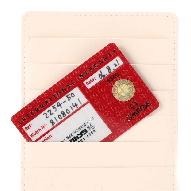 This image shows the International Warranty card for an Omega Seamaster 2254.50.00 Men
s Stainless Steel Black Dial 2254.50.00 Men
s Stainless Steel Black Dial watch.