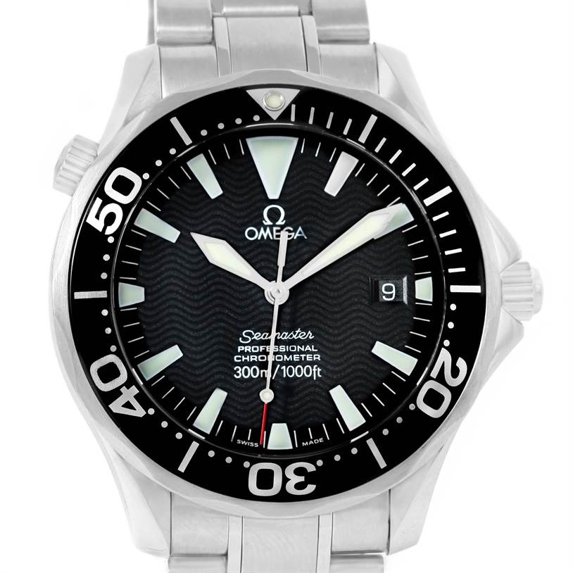 The image shows a frontal view of the Omega Seamaster 2254.50.00 Men
s Stainless Steel Black Dial 2254.50.00 Men
s Stainless Steel Black Dial watch, highlighting the dial and bezel.