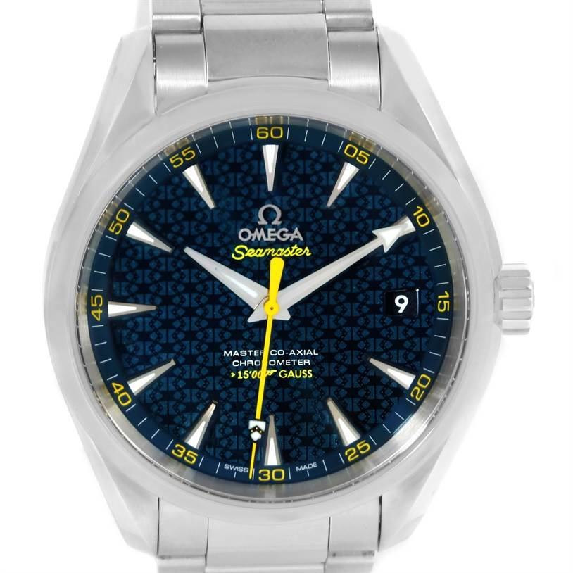The image shows a front view of the Omega Seamaster 231.10.42.21.03.004 Men
s Stainless Steel Blue Dial 231.10.42.21.03.004 Men
s Stainless Steel Blue Dial watch, highlighting its dial, hands, and bracelet.